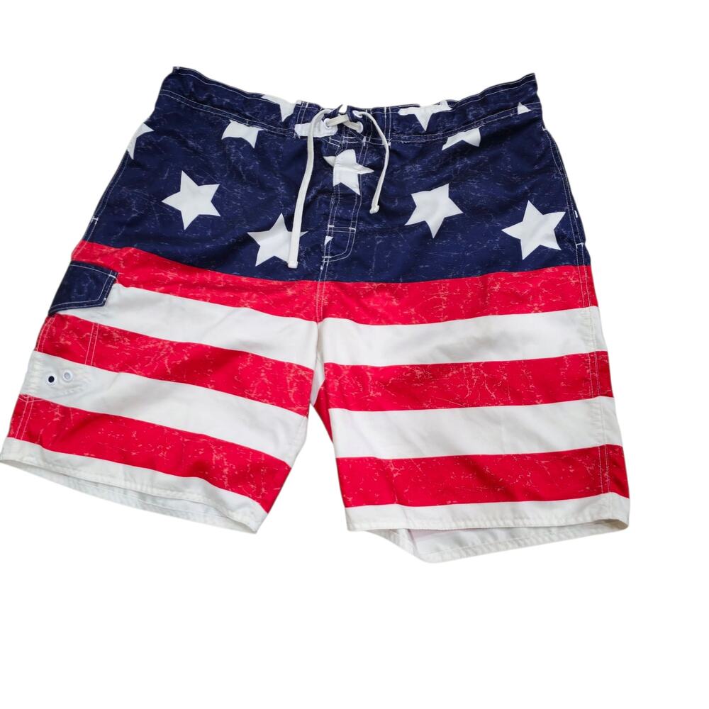 Bass Pro Shops Men's Mesh Lined Swim Trunks American Flag Pattern Size XL USA